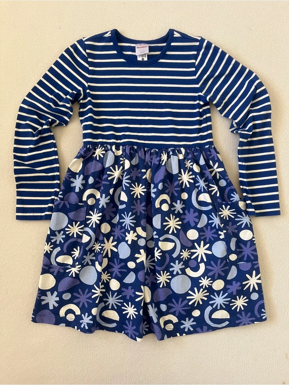Hanna Andersson Girls Mixie Stripe Geometric Print Long Sleeve Dress Blue White
